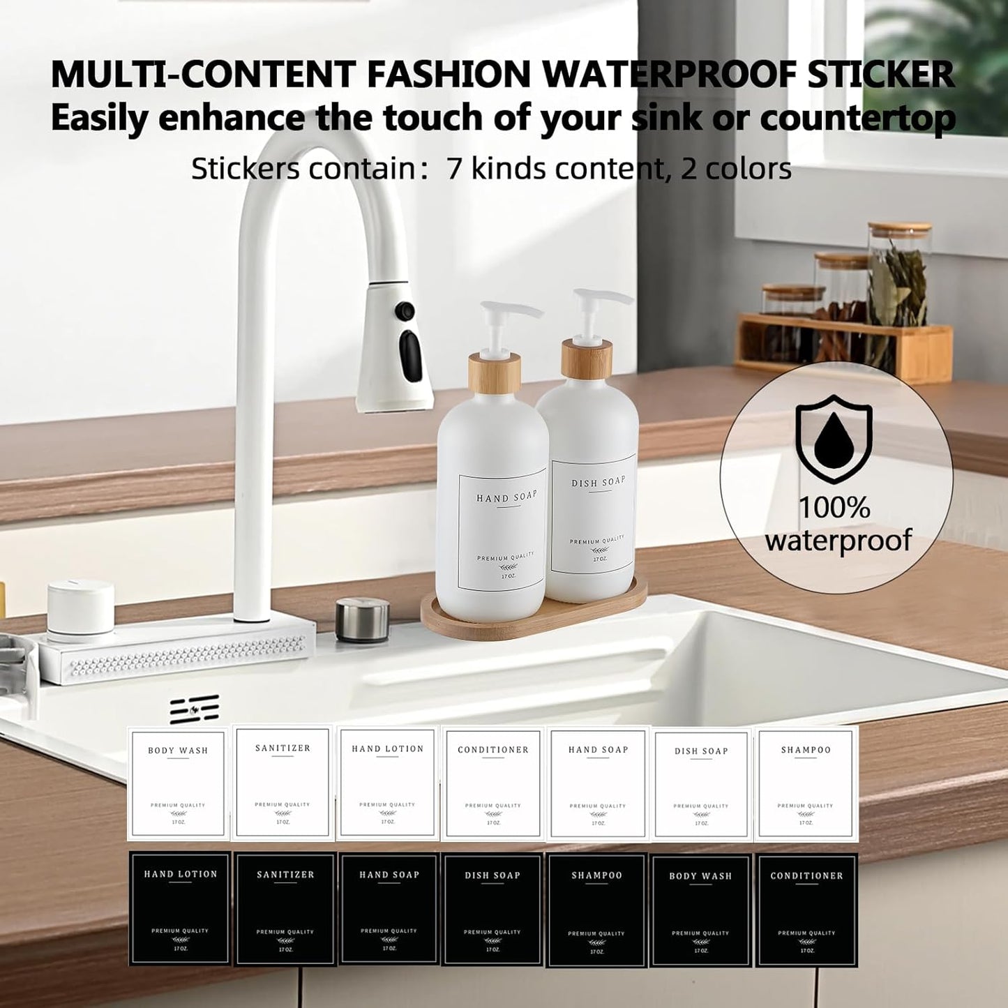 White Glass Soap Dispenser - Hand Dish Soap Dispenser Set for Kitchen, Bathroom with Sturdy Pump and Tray, 14 Waterproof Labels,Refillable Soap Lotion Dispenser-White