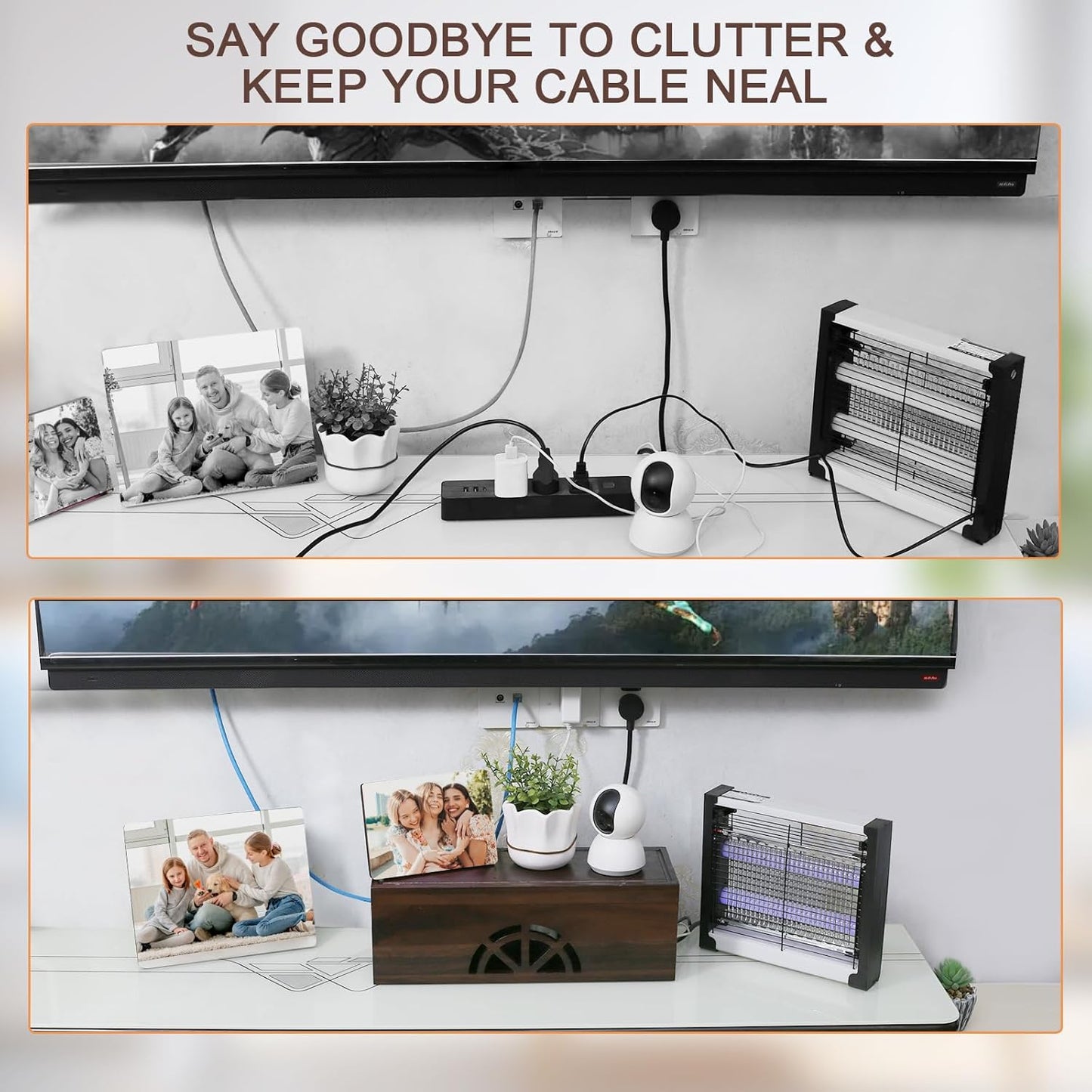 Wood Cable Management Box - 15.8" (L) x 6" (W) 5.5" (H) Walnut Wood Cable Hider Box, Cord Hider with Magnet Design & Outlet Hole, Power Strip Surge Protect & Organizer for Home Office Kitchen TV Wires