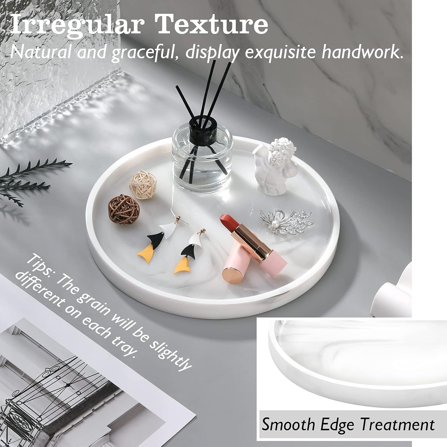 Emibele Vanity Tray, Resin Round Tray Decorative Storage Organizer for Bathroom Toilet Tank Bedroom Kitchen Countertop, Jewelry Storage Dresser Tray for Candle, Lotion Bottle, Cosmetics, Marble White