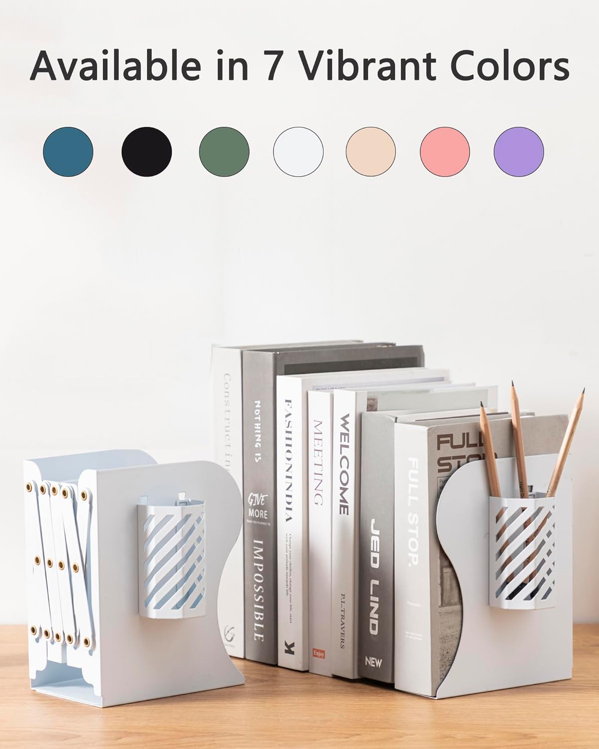 Kingsmile Book Ends, Adjustable Bookends for Shelves, Metal Bookends for Heavy Books, Book Stopper Organzier with Pen Holder for Desk, Kids Room, Office, Classroom, Library, Study Room.(White)