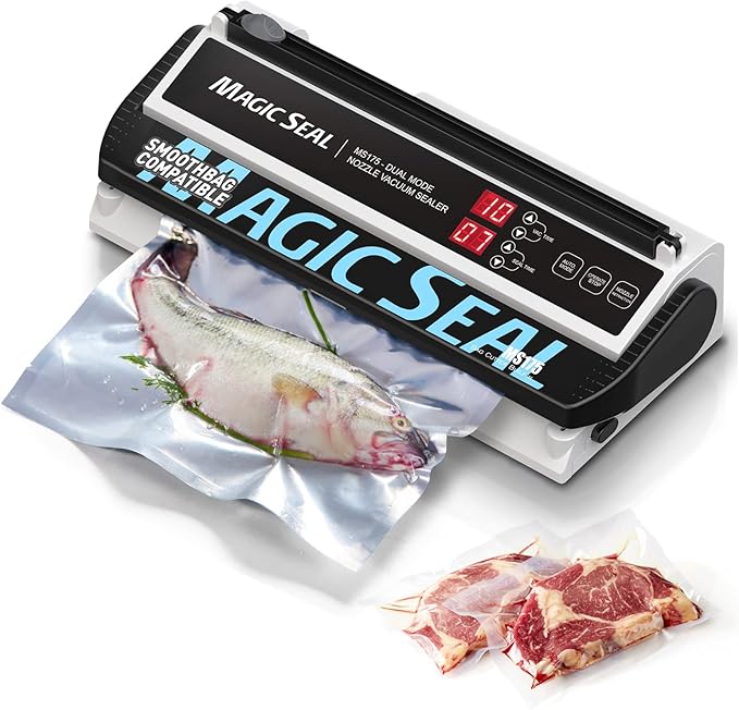 Magic Seal MS175 Vacuum Sealer Machine for Food Preservation, Nozzle Type, Compatible with Mylar Bags, Adjustable Vacuum & Seal Time, Automatic and Manual Mode