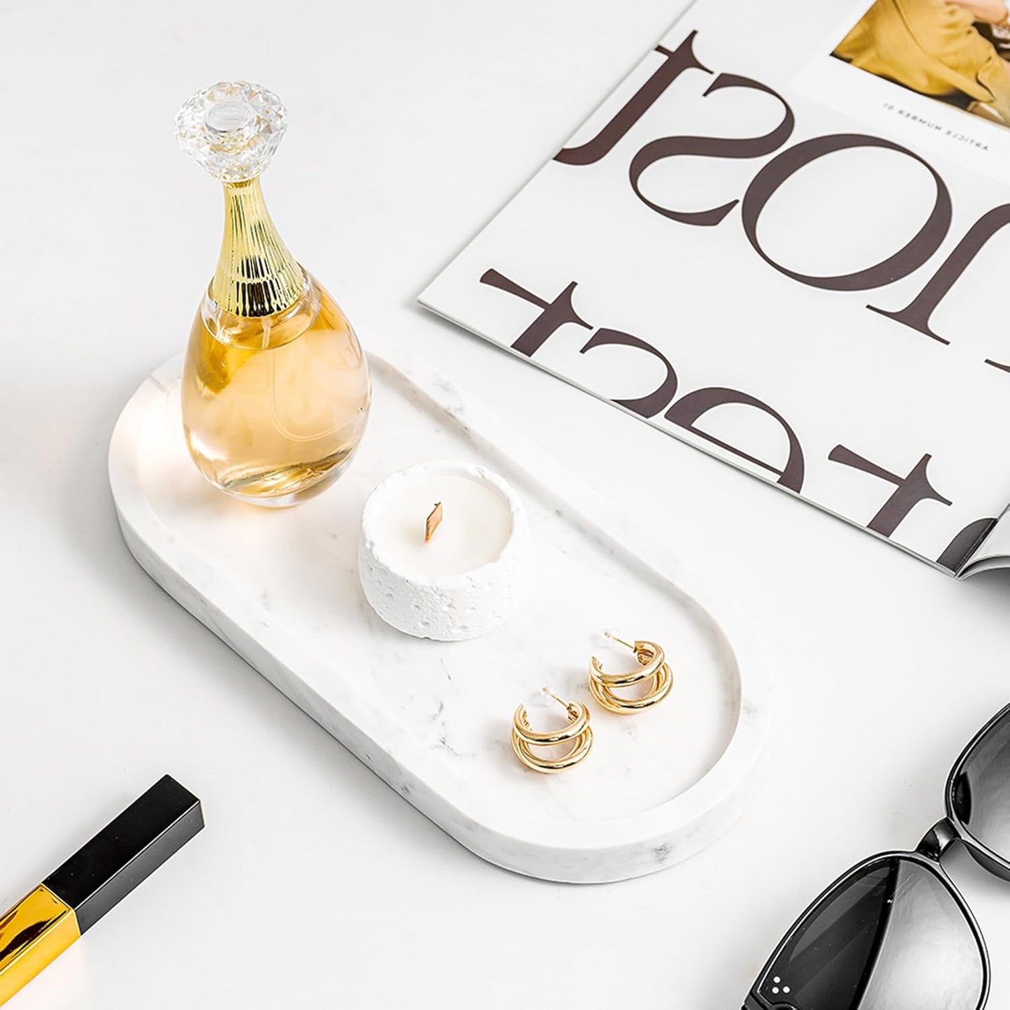 WORHE Natural Marble Vanity Tray Italy Oval Stone Trays for Candles Perfume, Decorative Jewelry Dish for Small Items, Countertop Storage Organizer for Home Bathroom Kitchen Matte Surface White (BH101)