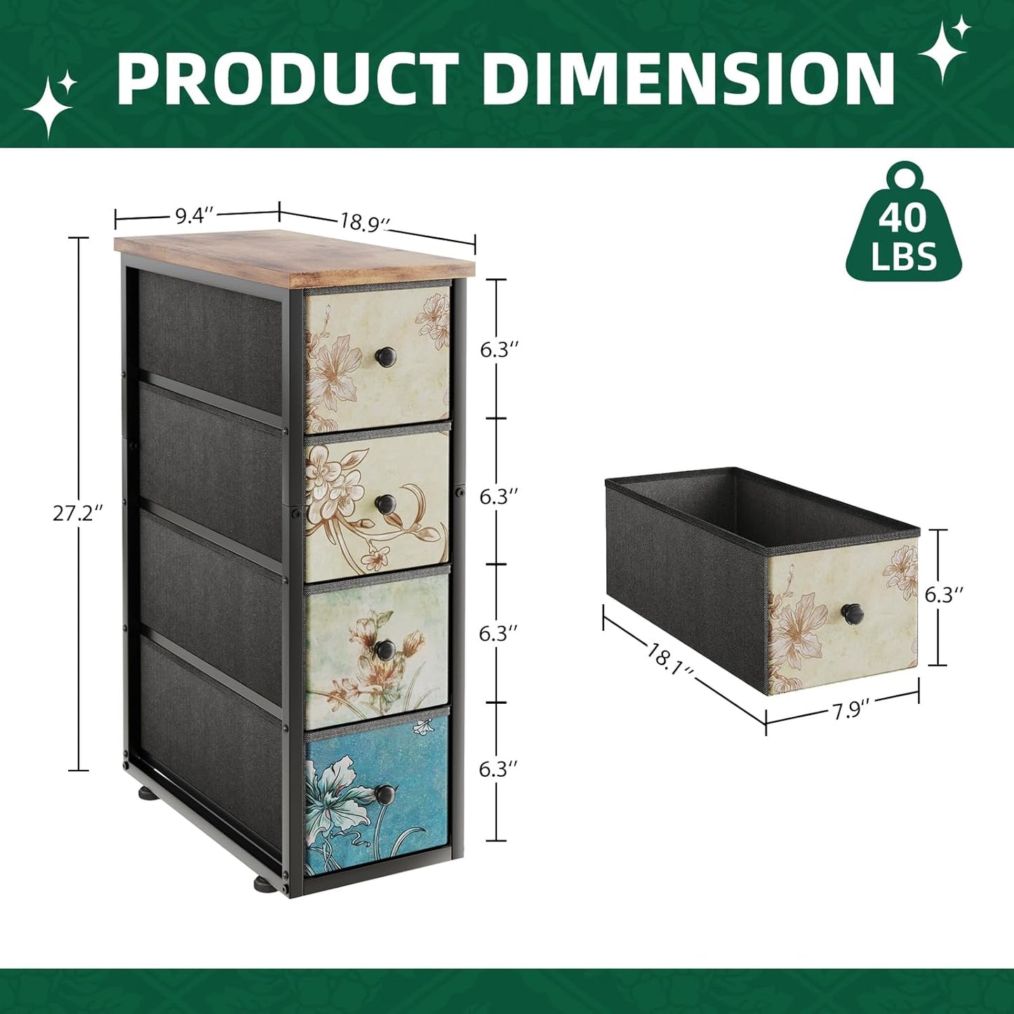 Narrow Dresser, Narrow Nightstand Dresser Storage Tower with 4 Drawers, Slim Fabric Dressers Chest of Drawers for Small Spaces, Retro Flower Dressers, for Bedroom Bathroom Laundry Closet, Vintage