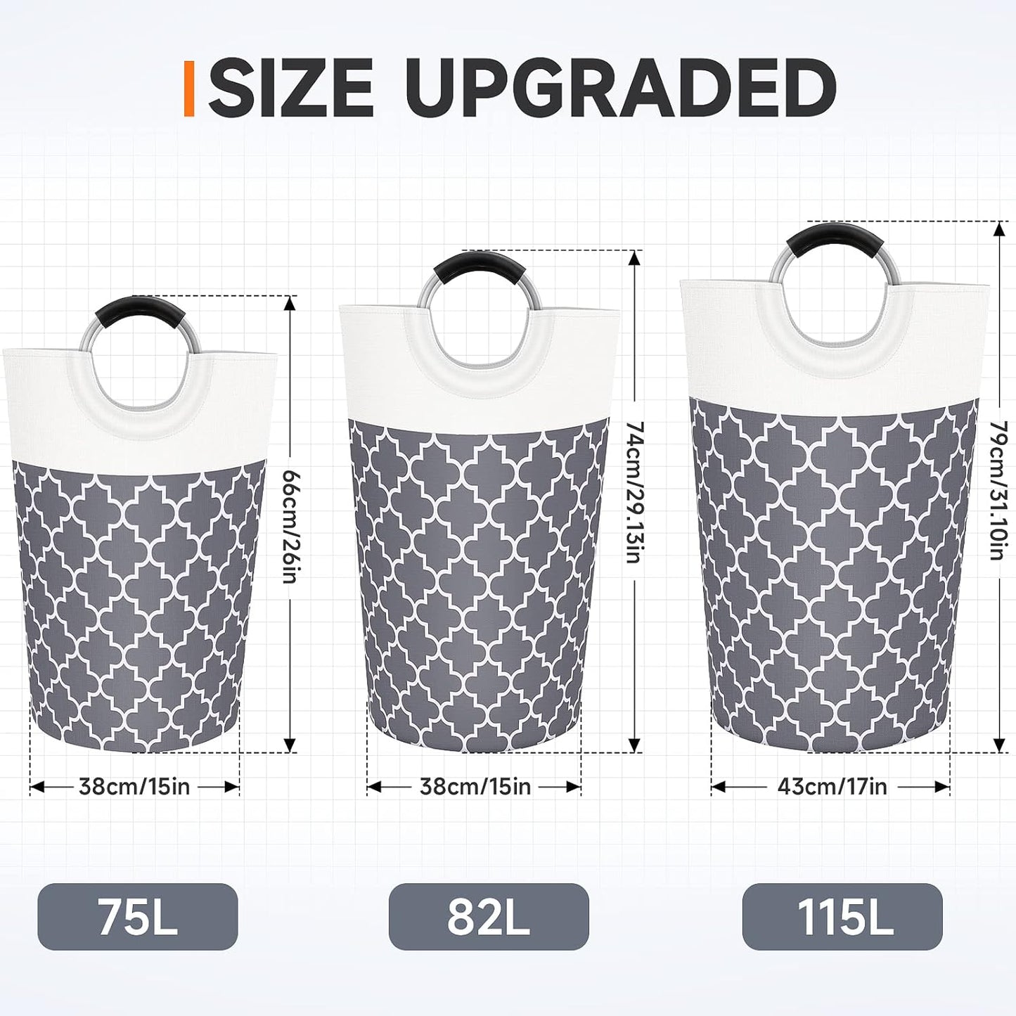 Large Laundry Basket Laundry Hamper Bag Washing Bin Clothes Bag Collapsible Tall With Handles Waterproof Travel Bathroom College Essentials Storage For College Dorm, Family (Grey)115L