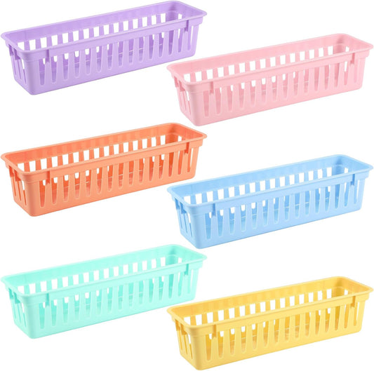 6 Pcs Morandi Slim Plastic Storage Baskets Tray 10 x 3 x 2.5 Inch Compact Stackable Desk Organizer for Office, Classroom, School Supplies, and Home Storage, Organization(Morandi)