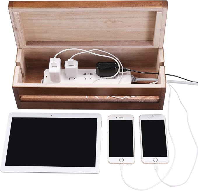 Changsuo Cable Management Box Wooden Cord Organizer Box for Extension Cord Power Stripe Surge Protector Wire Management Concealer Cover Hider for Desktop Home Office Kitchen (Brown)