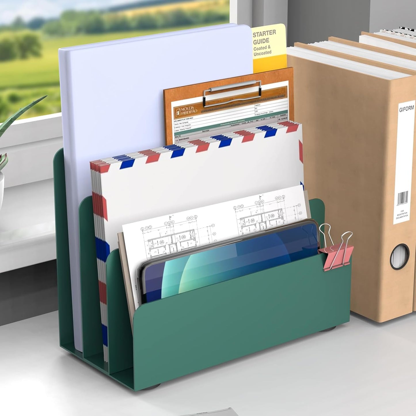 Mail Organizer Countertop, Small Desk File Organizer, Metal File Holder - Essential Workspace Organizers for Office Desk, Home Office (Green)