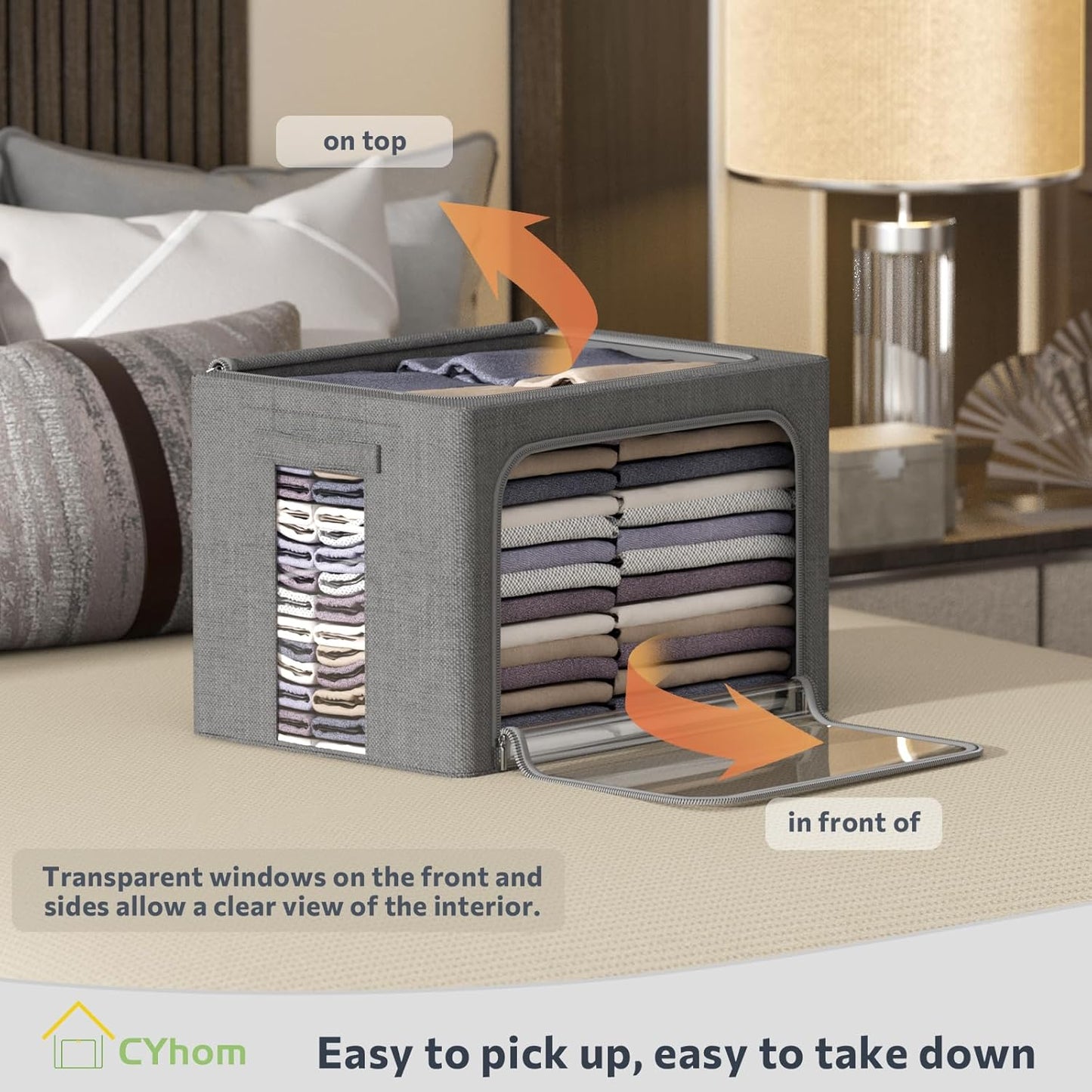 Clothes Storage Bins Box - Linen Fabric Foldable Stackable Container Organizer Set with Clear Window & Carry Handles & Metal Frame (Dark Gray, Medium-36L)