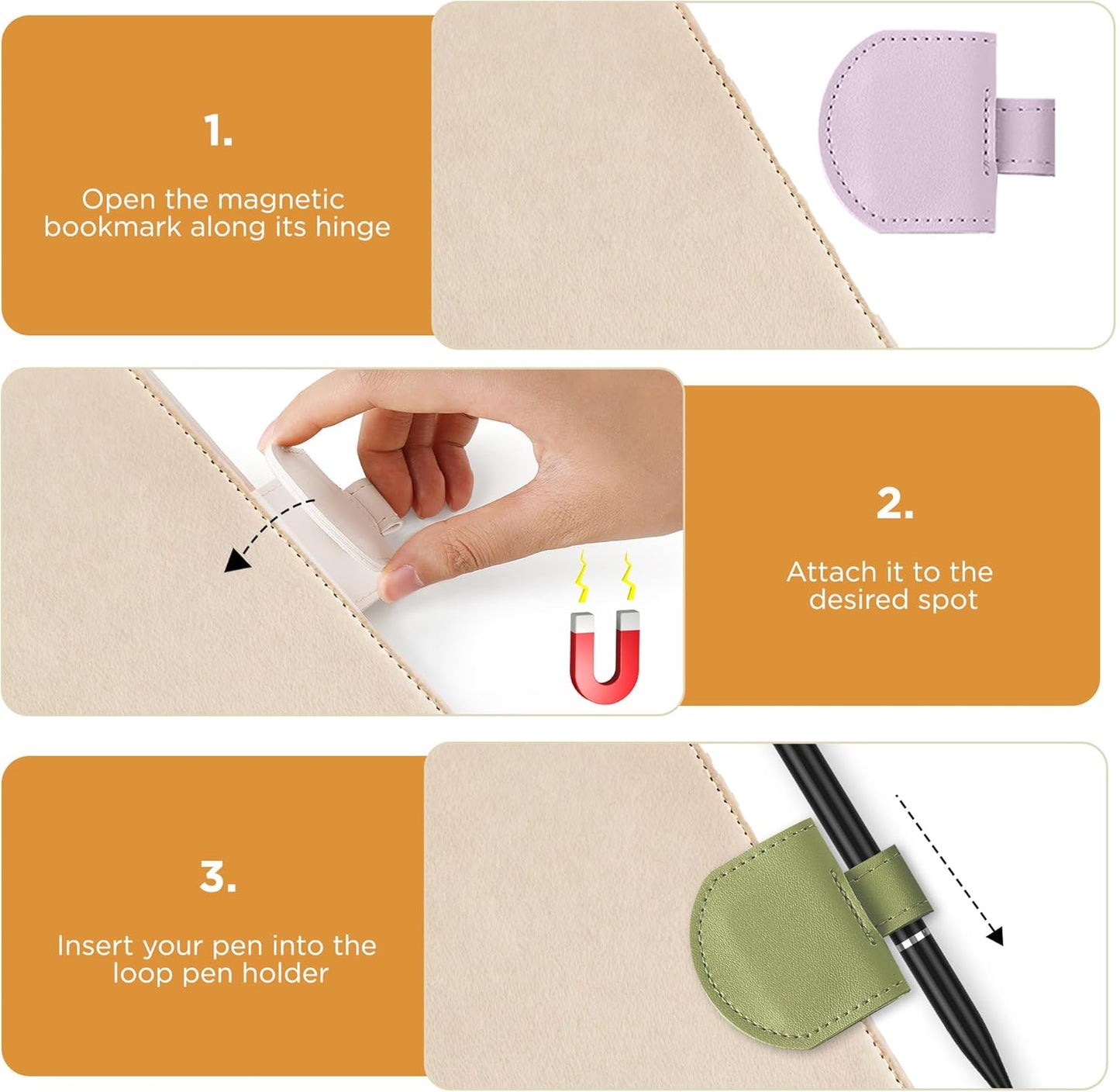 Magnetic Pen Loop Holder, Pencil Holder for Notebooks, Journals, Calendars, PU Leather 3 Pack