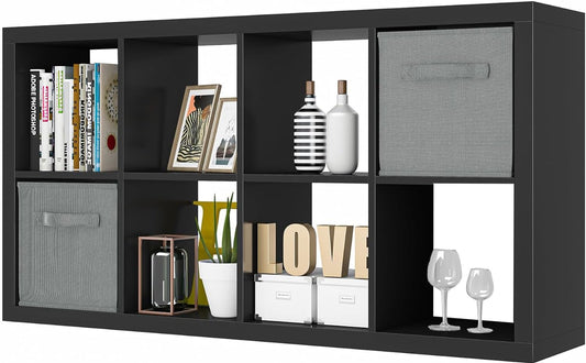 Bookshelf with Storage Bins, 8-Cube Storage Organizer, Modern Wood Open Bookcase, Multifunctional Display Shelf for Living Room, Bedroom, Home Office, Matte Black