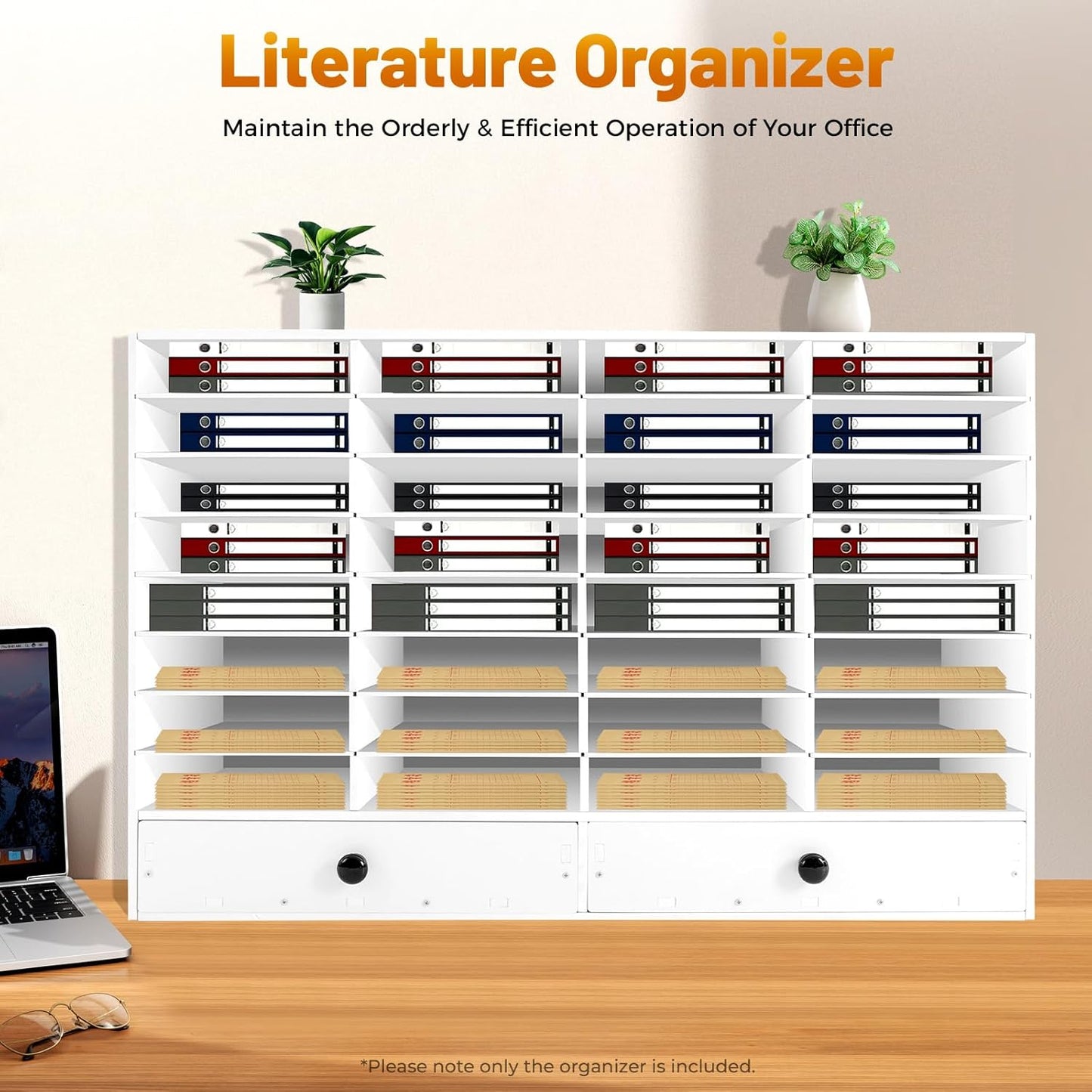 Literature Organizers, Mail Sorter Organizer Adjustable Shelves and 2 Drawers Desktop File Sorter Paper Organizer for Home School Office (White, 32 Slots with 2 Drawers)