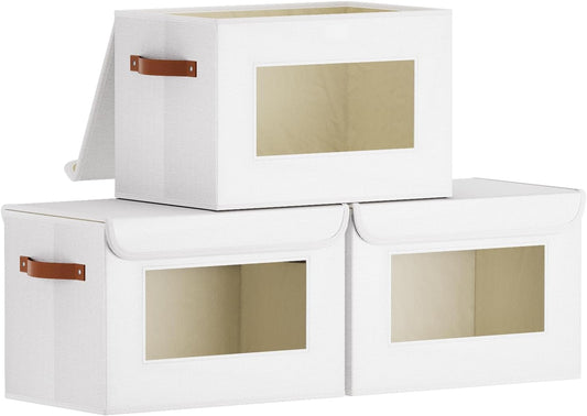 Storage boxes, Blanket Baskets for Shelves with Lids, Fabric Cubes with Handles, Decorative Linen Closet Organizers Bins, White, 15 x 9.8 x 9.8 inch, 3-Pack