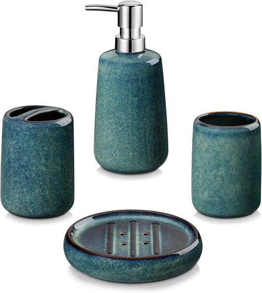 vancasso Green Bathroom Accessories Set, Ceramic Soap Dispenser and Toothbrush Holder Sets, Stoneware 4 Pcs Bathroom Sink Set for Modern Home Decor, Series Starry