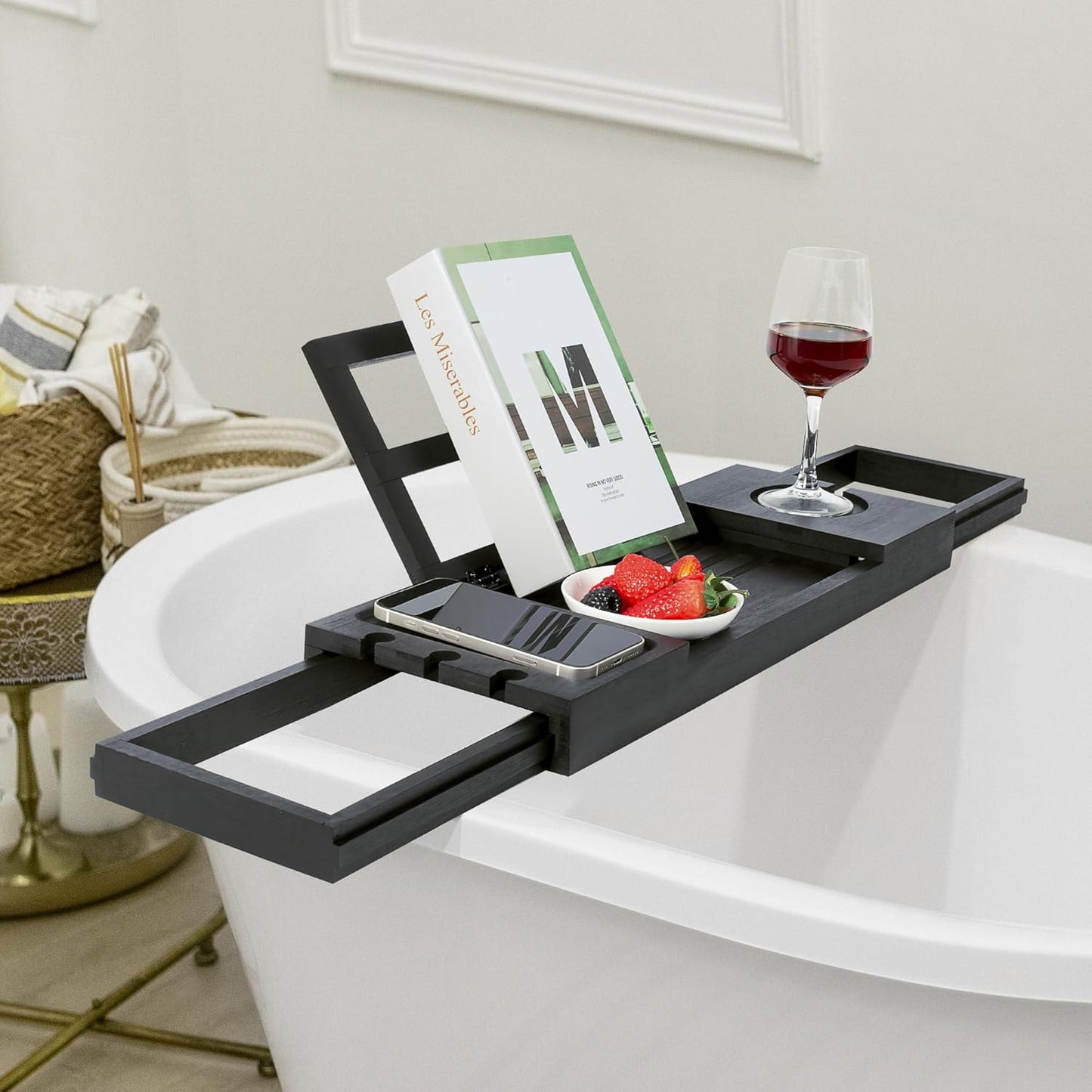 Utoplike Bamboo Bathtub Tray Black, Adjustable Bath Caddy Table for Tub, Bathroom Organizer with Book Tablet Wine Glass Cup Towel Holder