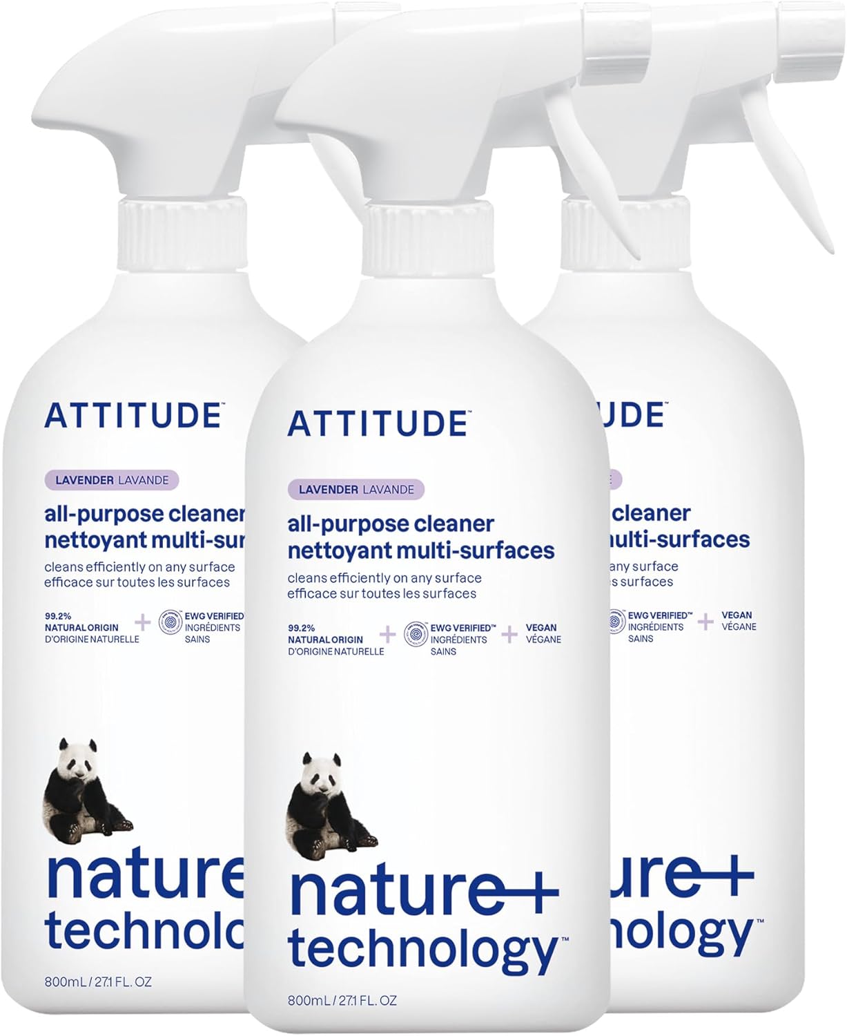 ATTITUDE All Purpose Cleaner Spray, EWG Verified, Vegan, Made with 94% Plant-Based Ingredients, Streak-Free for Kitchen, Bathroom, Glass & More, Lavender, 27.1 Fl Oz (Pack of 3)