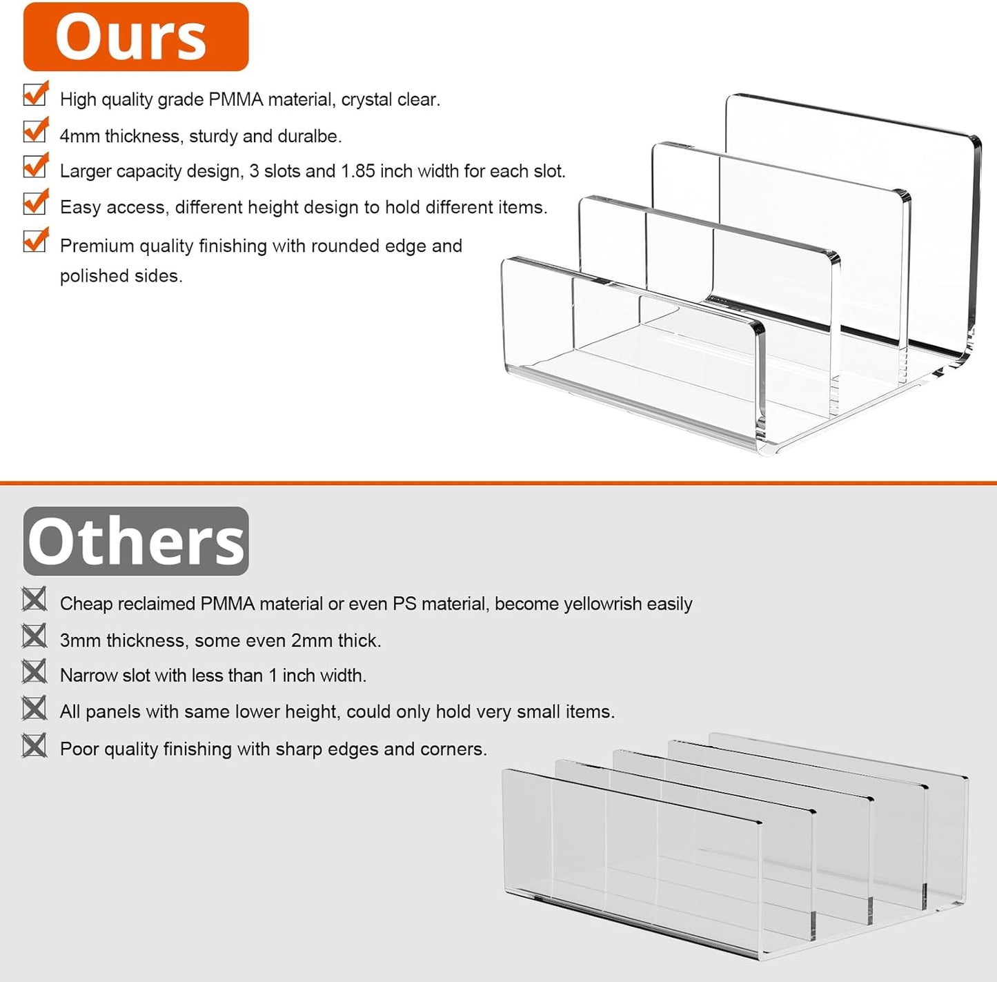 Richboom Acrylic File Sorter, 8.5"x6.3"x6.2", Upright File Organizer for Desk, Mail Organizer Countertop, File Holder for Letter, Document, Notebook, Clear, 3 Sections