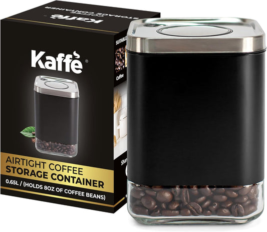 Kaffe Glass Coffee Canister (8oz) w/Airtight Lid - Click to Release Seal - BPA Free Glass & Stainless Steel - Elegant Kitchen Storage Container for Coffee, Nuts, Rice, Flour, Sugar, Tea, Cereal