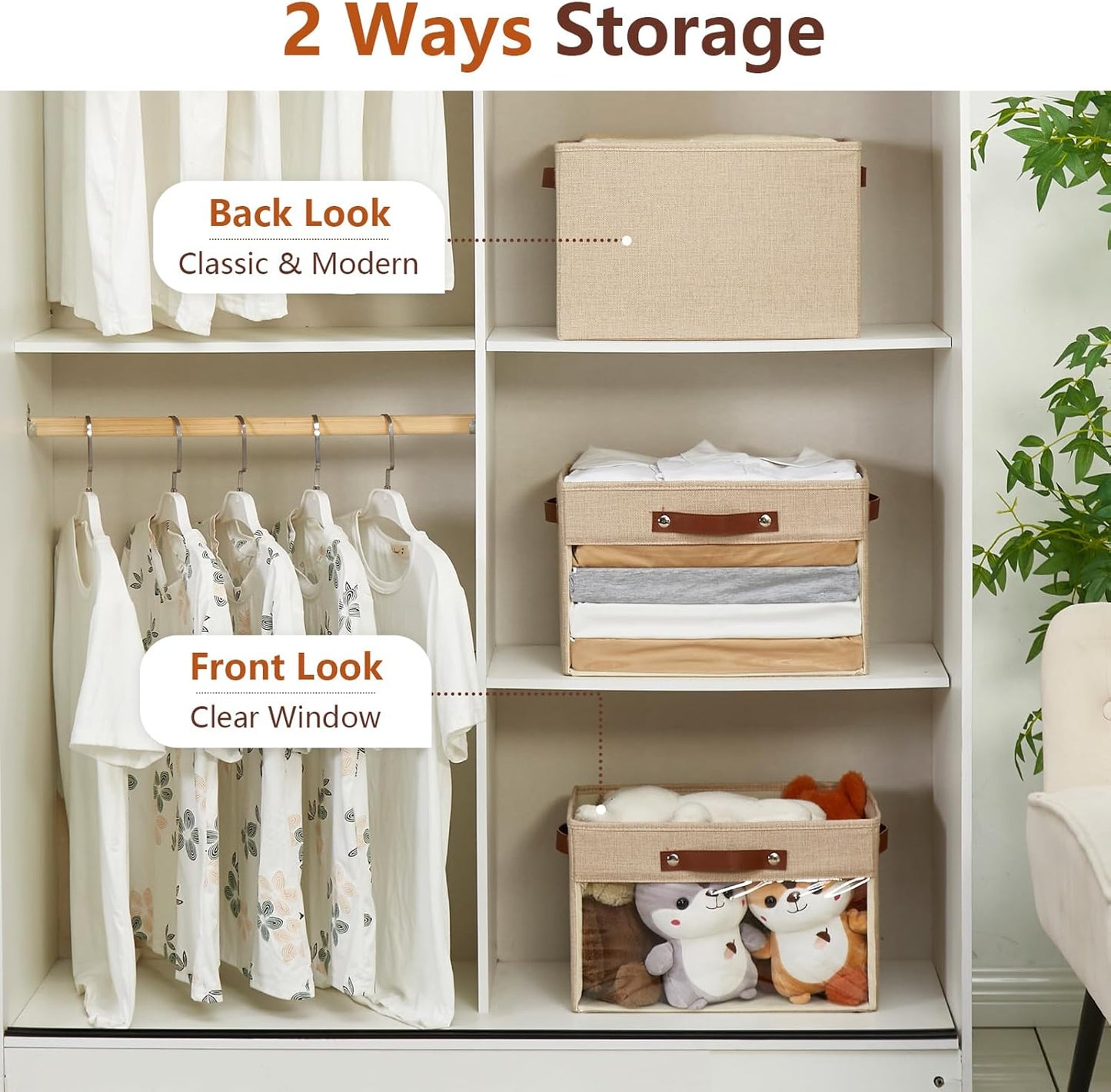 Large Storage Baskets with Clear Window, See Through Closet Organizer with PU Handles, Linen Foldable Storage Bins for Organizing Clothes, Toys, Books (Khaki)