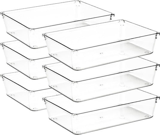 6 Pack Drawer Organizer - 6" X 9" Clear Acrylic Storage Bins with Non-Slip Pads, Versatile Desk Tray for Makeup, Jewelry, Kitchen, Bathroom, and Office Organization