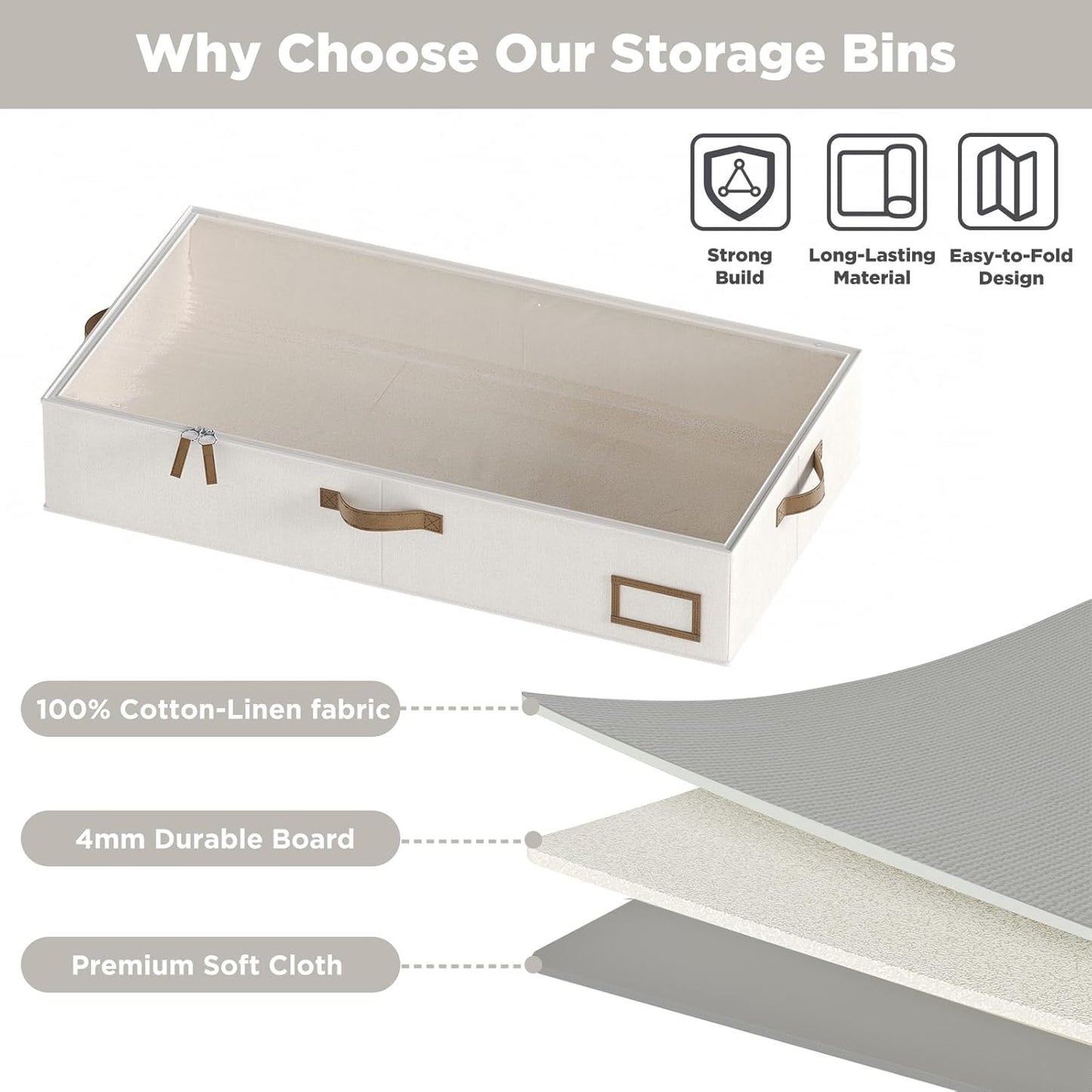 Under Bed Storage, Under Bed Storage Containers Bins for Clothes, Large Linen Underbed Closet Organization Bins, 2 Pack Collapsible Underbed Bin Dorm for Clothes, Sweater, Beige