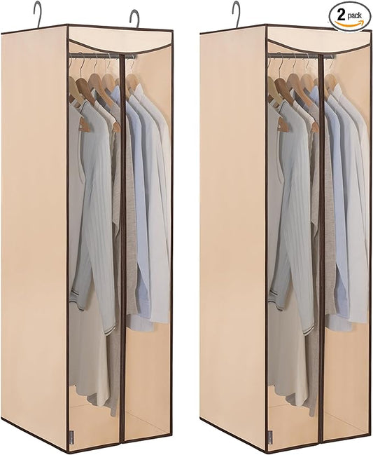 STORAGE MANIAC 2-Pack Hanging Garment Bag Zipper Cover with Sealed Clear Window, Long Garment Cover for Closet Storage Wardrobe Clothes Protector, Large Garment Storage Bag for Dresses,Suits, Beige
