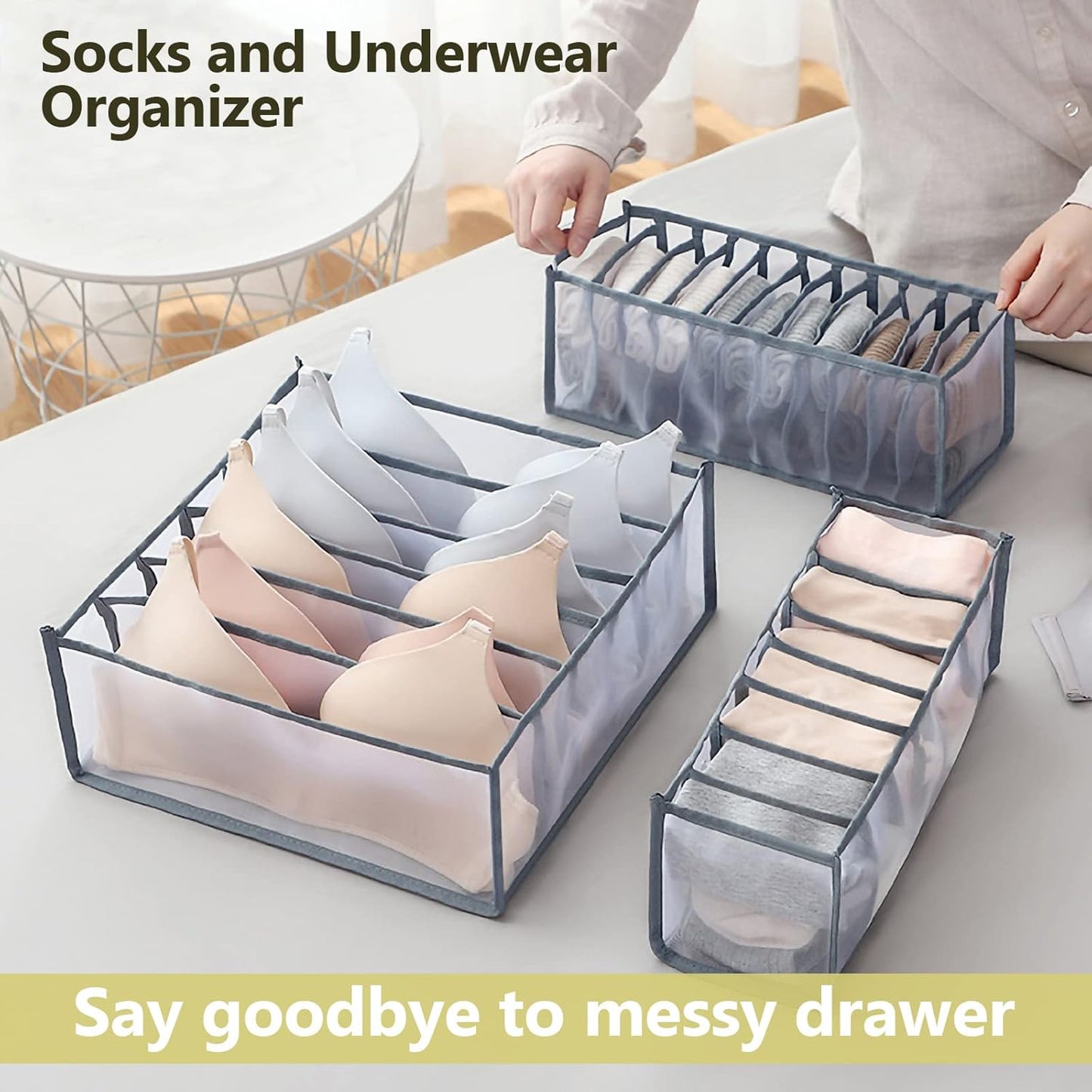 TIGARI Sock Wardrobe Clothes Organizer, Sock Organizer Drawer Divider, Foldable Drawer Compartment Storage for Socks (Gray)
