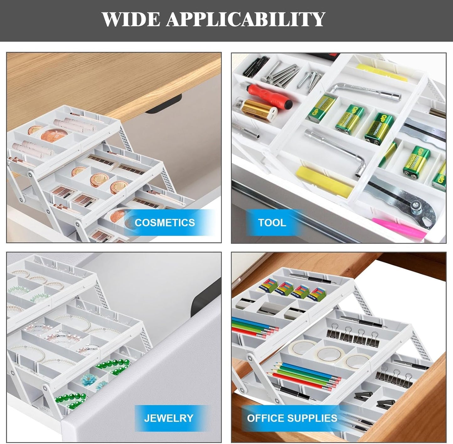 2/3 Tier Smart Collapsible Drawer Organizer,Multi Level Stacking Folding Junk Organizer, Foldable Expandable Pop up Tray, Expanding Multilevel Triple Desk Space Organizer (2 Row 2 Tier - White)