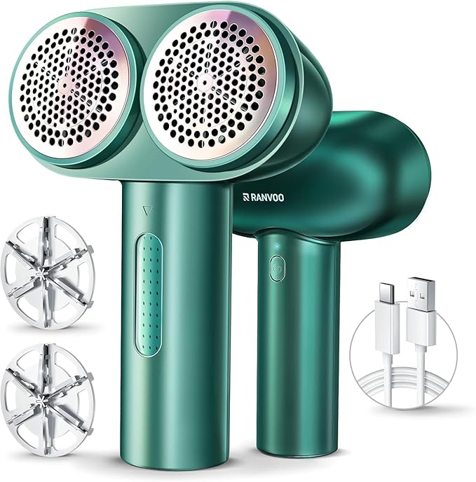 [1s 100% Fabric Renewal] [Smart Cloth Care] RANVOO Professional Fabric Shaver, Dual-Head Electric Rechargeable Lint Remover Fuzz/Pill for Sweater, Clothes & Furniture, Couch & Sofa, Pet Hair