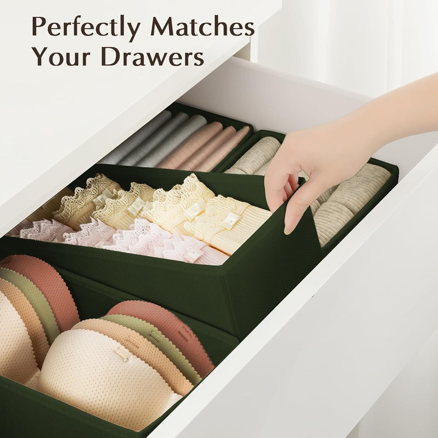 DIMJ Drawer Organizers Clothes, Set of 4 Dresser Organizer Bins, Fabric Closet Organizers and Storage, Shallow Drawer Dividers for Nursery, Clothing, Baby Clothes, Socks, Underwears, Tie (Green)