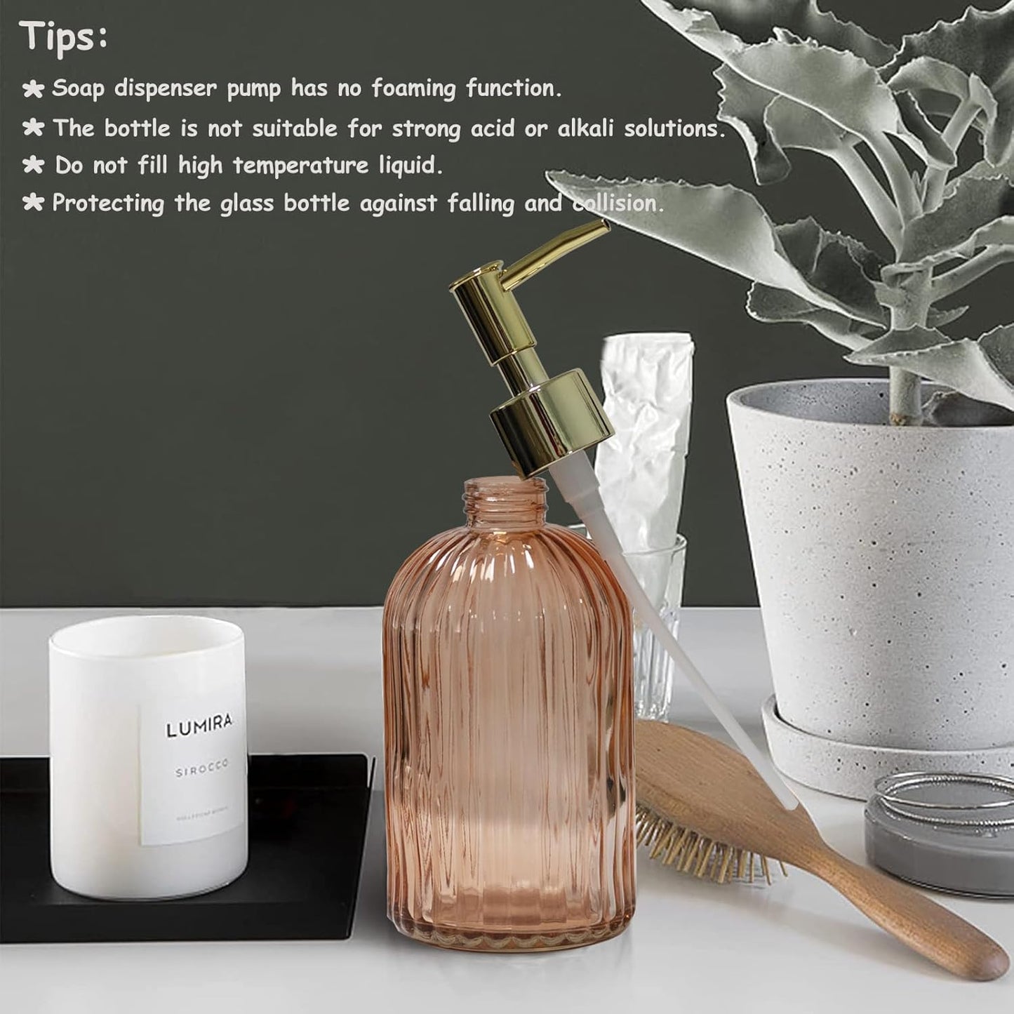 Glass Soap Dispenser with Gold Plastic Pump, 13.5oz Refillable Liquid Hand Soap Dispenser, 2 Pack Crystal Lotion Bottle for Modern Home Decor, Bathroom, Kitchen Countertop, Hotel(Orange)