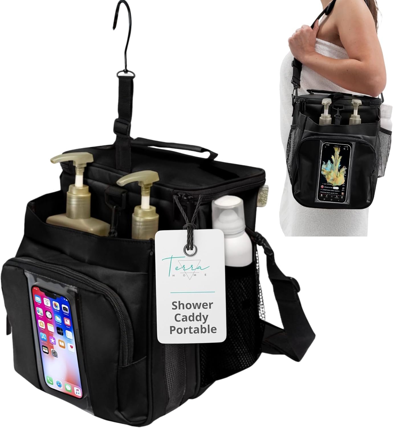 Portable XL Shower Caddy Bag - College Dorm Room Essentials for Men, Women, Students - Foldable, Water Resistant with Hanging Keychain Hook and Shoulder Strap Shower Organizer Bag (Black)