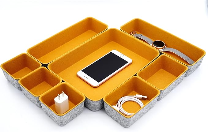 Welaxy desk drawer organizers tray felt storage bin for office suppliers entryway catchall key holder makeup crafts pens decluttering 8-piece fall gift (Curry)