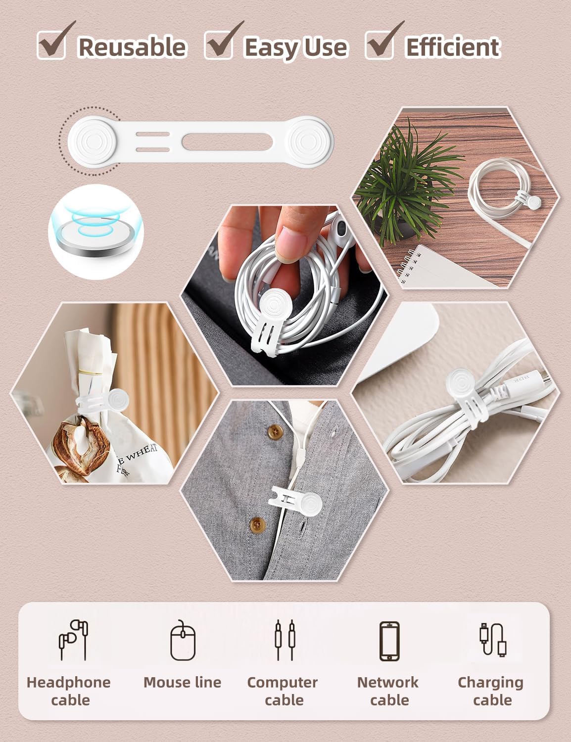 Magnetic Cord Ties Organizers, Kanemc Silicone Cable Tie Cord Wrap Reusable Twist Ties Wire Strap For Charging Cables Headphones USB Type C Cable Small Cords (8-Pack, White)