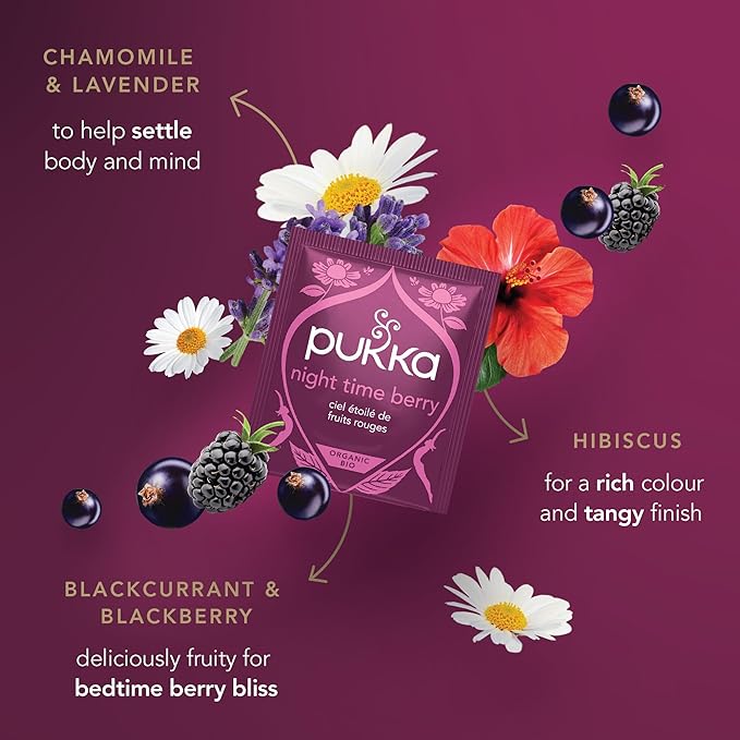 Pukka Night Time Berry Organic Herbal Tea, Soothing Infusion With Chamomile, Lavender & Elderberry, Tea Gift Set For Bedtime Relaxation, Caffeine Free, 80 Total Bags (20ct - Pack of 4)
