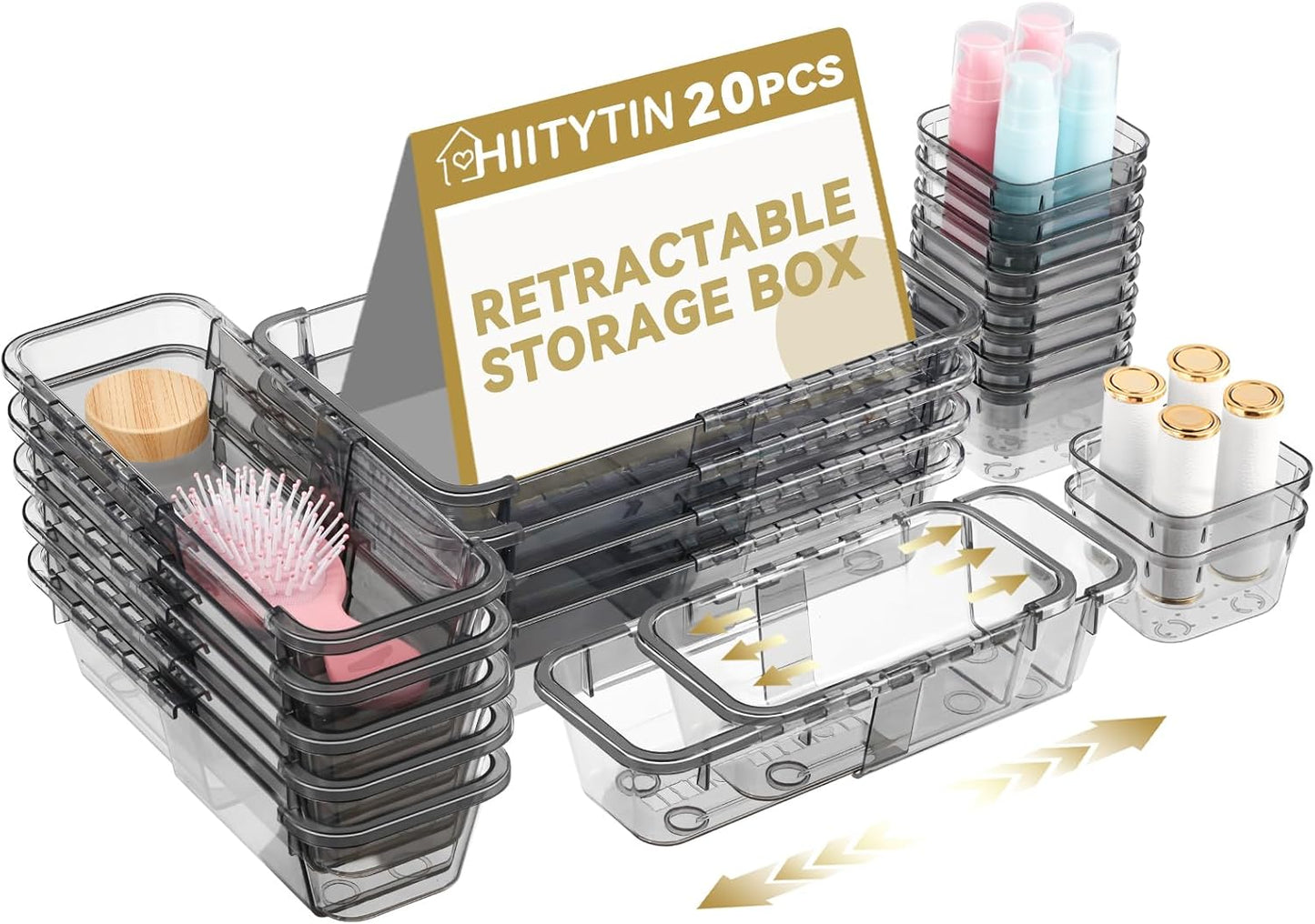 20 Pcs Adjustable Clear Drawer Organizer, Extendable Vanity Storage Bins, Desk Drawer Organizer Set for Makeup, Cosmetics, Bedroom, and Gadgets, Black