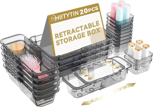 20 Pcs Adjustable Clear Drawer Organizer, Extendable Vanity Storage Bins, Desk Drawer Organizer Set for Makeup, Cosmetics, Bedroom, and Gadgets, Black
