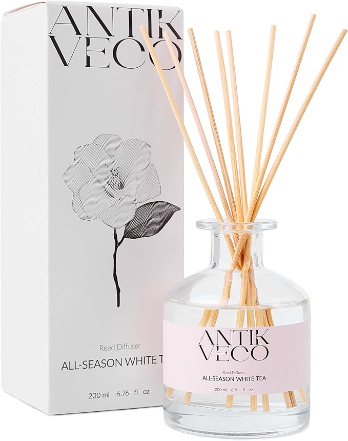 All-Season White Tea Diffuser – Home Fragrance with 8 Rattan Sticks – Long Lasting, Fresh White Tea & Citrus Scent – Non-Toxic, Premium Reed Diffuser for Home or Office – 90 Days