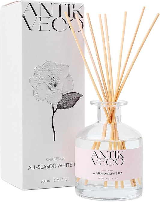 All-Season White Tea Diffuser – Home Fragrance with 8 Rattan Sticks – Long Lasting, Fresh White Tea & Citrus Scent – Non-Toxic, Premium Reed Diffuser for Home or Office – 90 Days