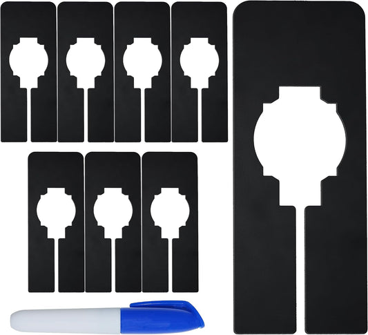 8 PCS Rectangular Black Plastic Closet Dividers with a Bonus Marker, Writable and Reusable for Sorting Clothing Size, Color, Brand, Size 2” x 5.4’’ (Inner Diameter 1.4”)