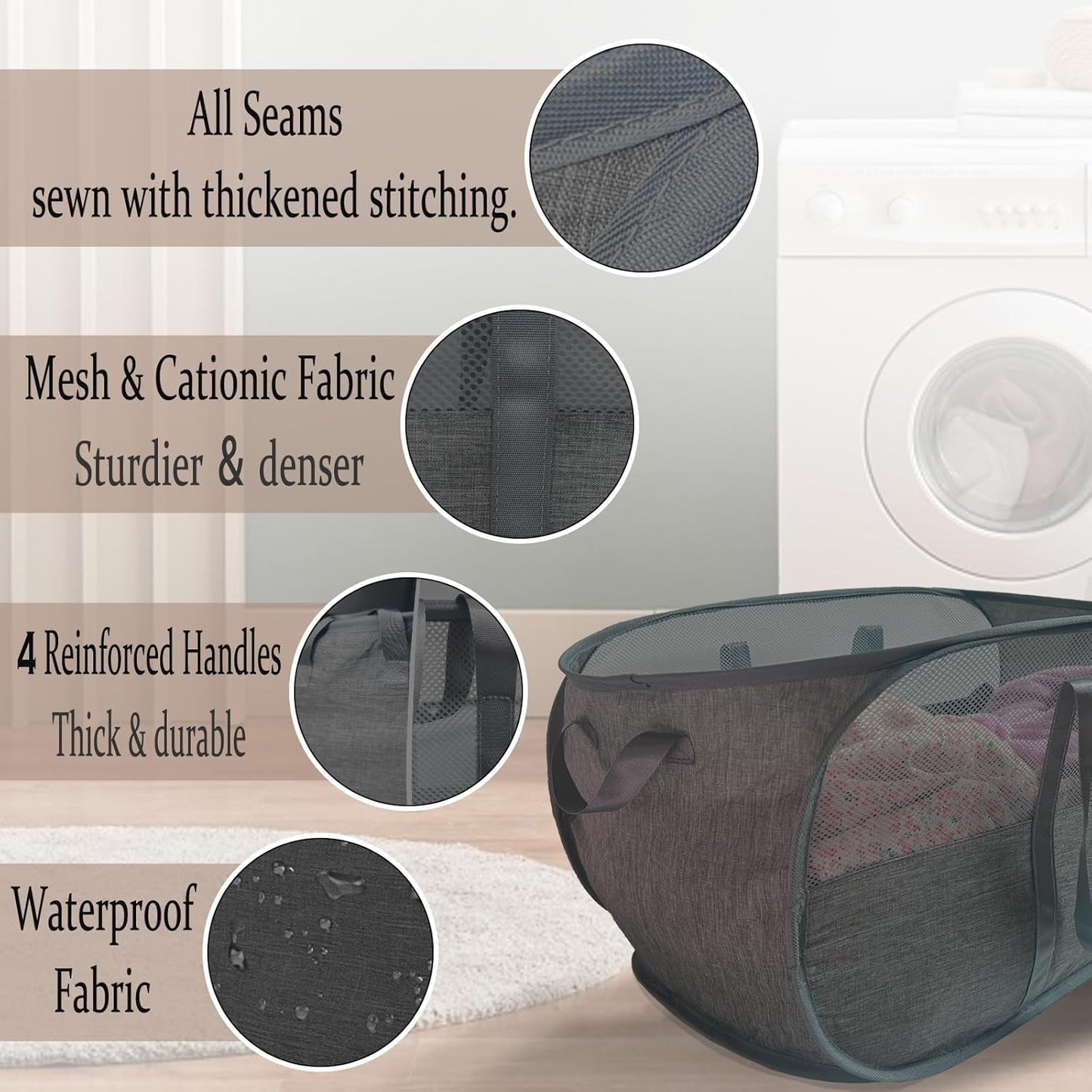 Extra Large Mesh Pop Up Laundry Hamper 2 Pack,100L Collapsible Laundry Baskets, Dirty Clothes Hamper with Reinforced Handles, Folding Hampers for Travel, Nursery, Dorm or Home. Black