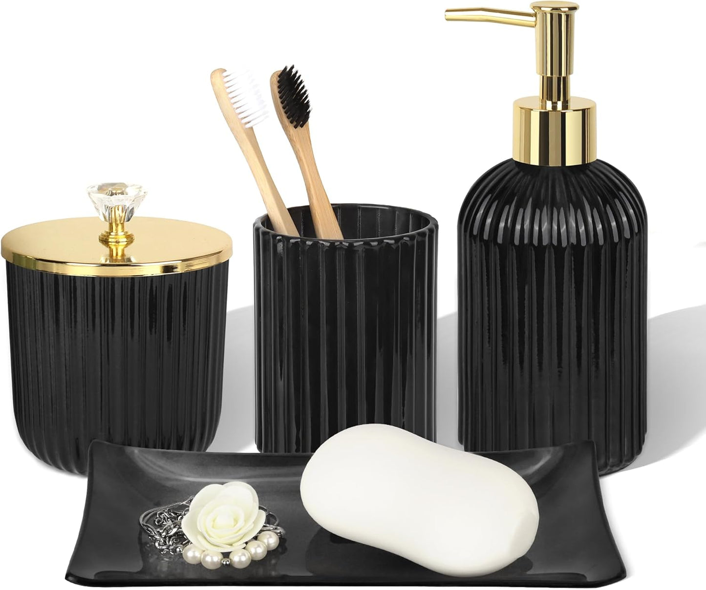 Designer Black Glass Bathroom Accessories Sets - 4 Pcs with Lotion Soap Dispenser, Bathroom Toothbrush Holder, Vanity Tray, and Apothecary Jar, Vintage Bathroom Decor, Gift Countertop Organizer