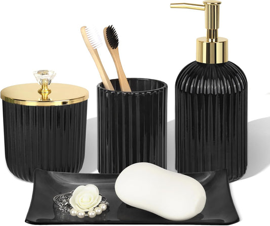 Designer Black Glass Bathroom Accessories Sets - 4 Pcs with Lotion Soap Dispenser, Bathroom Toothbrush Holder, Vanity Tray, and Apothecary Jar, Vintage Bathroom Decor, Gift Countertop Organizer