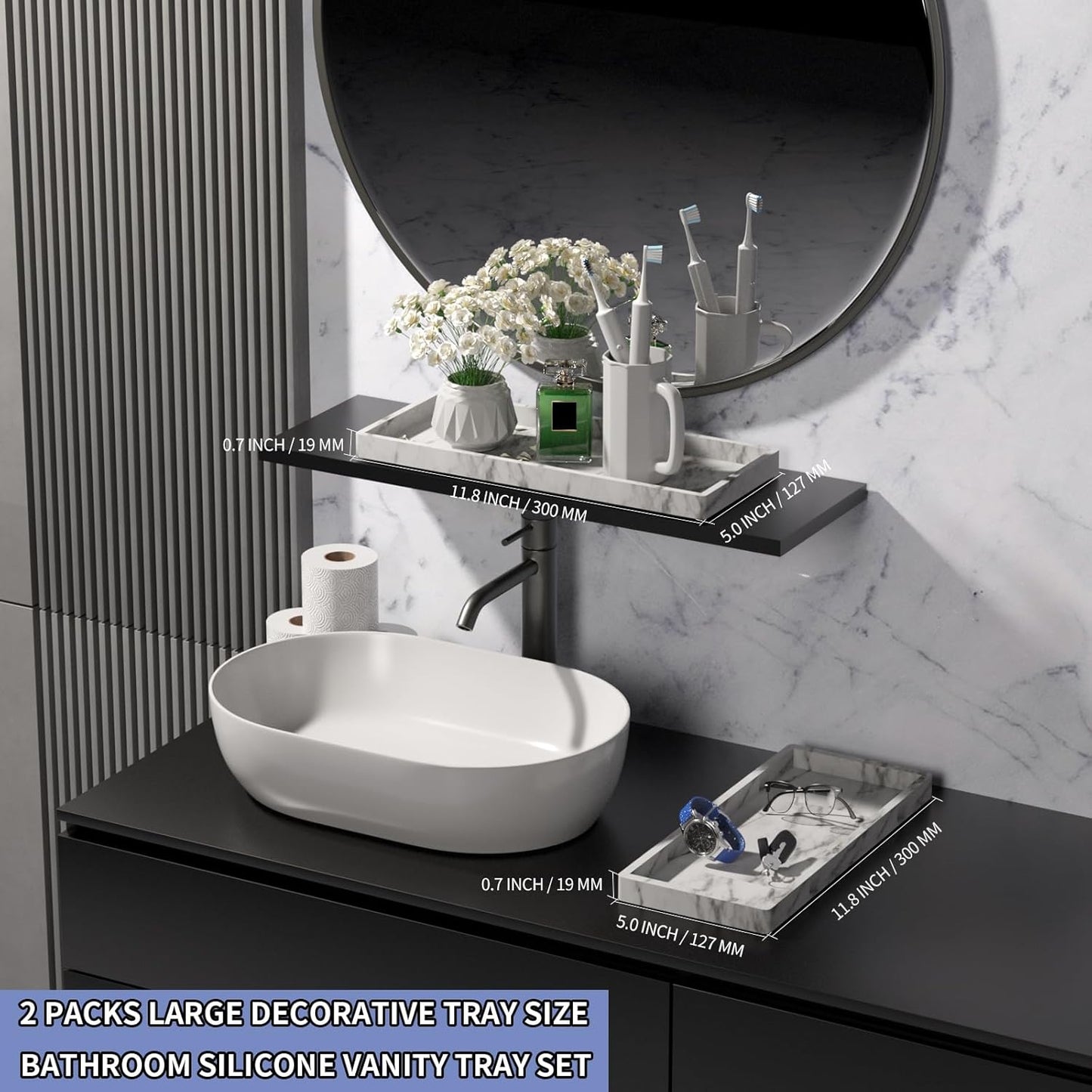BBK Bathroom Vanity Tray 11.8 in- 2 Pack(Large) Silicone Bathroom Tray for Counter, Perfume Key Trinket Ring Tray, Decor Soap Dispenser Countertop Tray for Kitchen Sink Organization(Faux Marble Look)