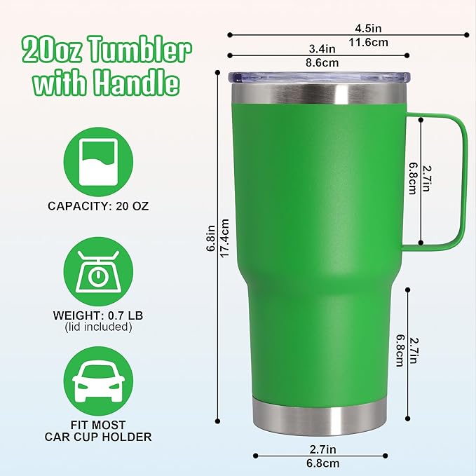 20 oz Tumbler with Handle and Lid, Stainless Steel Tumbler Insulated Travel Coffee Mug, Spill Proof Double Wall Vacuum Tumbler Cup Keep Drink Hot & Cold, Green, 1 Pack