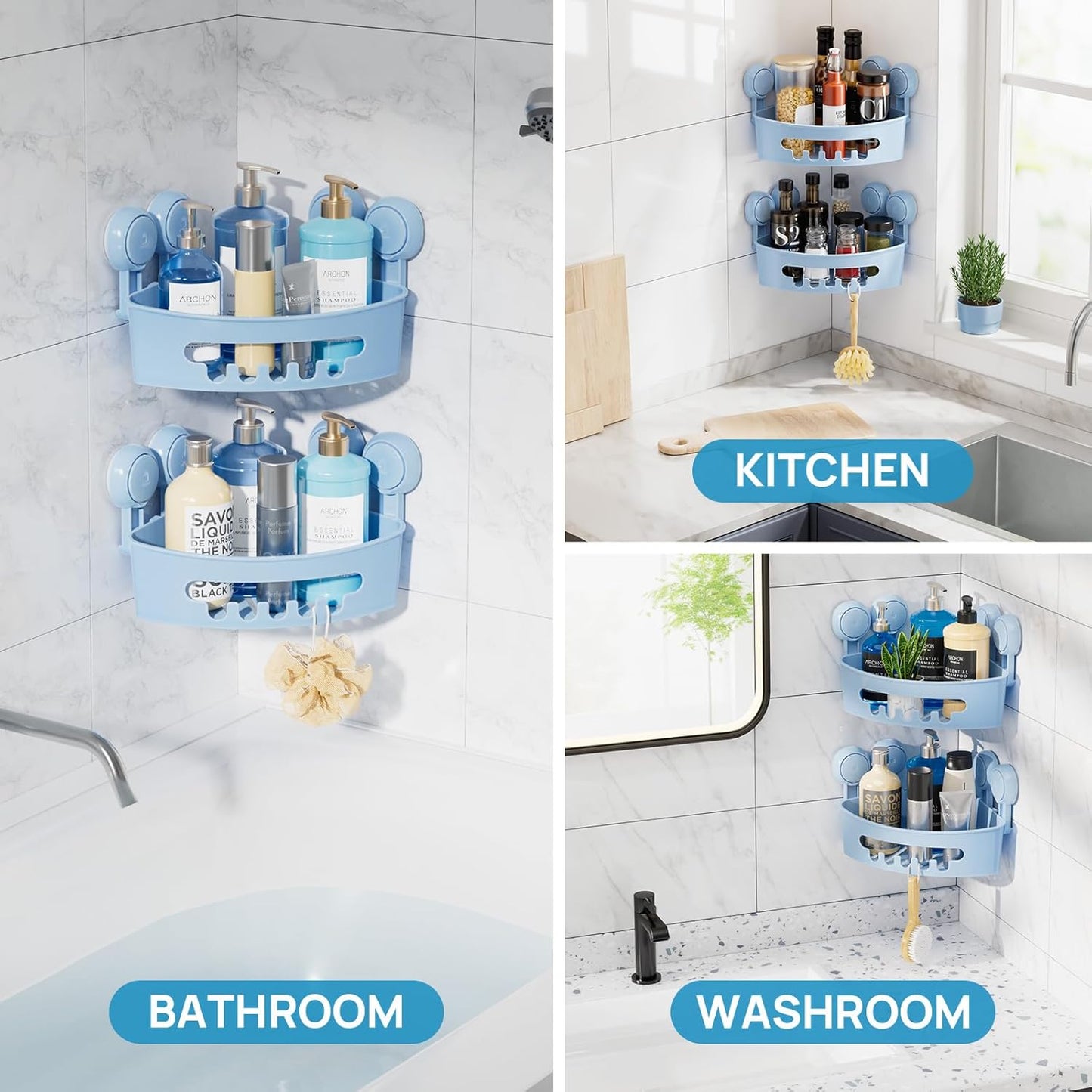 LEVERLOC Corner Shower Caddy Suction Cup, shower shelves suction cup, 2 Pack Basket Powerful Bathroom, Waterproof & Oil-proof Organizer for Kitchen, No-Drilling Removable (Blue)