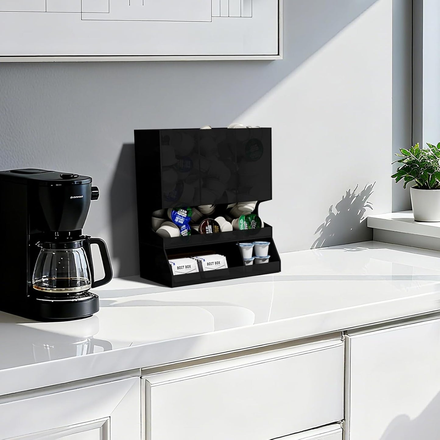 AITEE Modern Black Acrylic Coffee Pod Holder, 3-Compartment Dispenser Organizer for 30 K Cups, Sleek Smudge-Proof Design, Countertop Rack for Kitchen, Breakroom, Pantry, 8.9" L x 4.6" W x 10.2" H