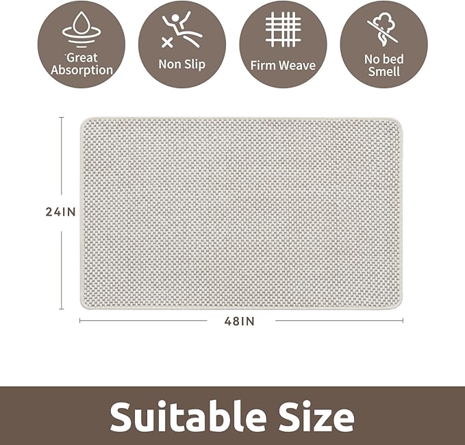 AMOAMI Chenille Bath Mat Super Absorbent Bathroom Mat Quick Dry Low Pile Bath Mats for Bathroom Washable Rubber Backed Bathroom Runners Fit Under Door, Front of Bathtub, Sink, Beige&White 24"x48"