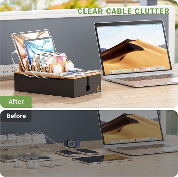 Pezin & Hulin Bamboo Charging Station, Electronic Devices Organizer for Multiple Devices Charger Such As Cell Phone, Tablet, Watch and More, Natural+Black, (No USB Charger and Cables