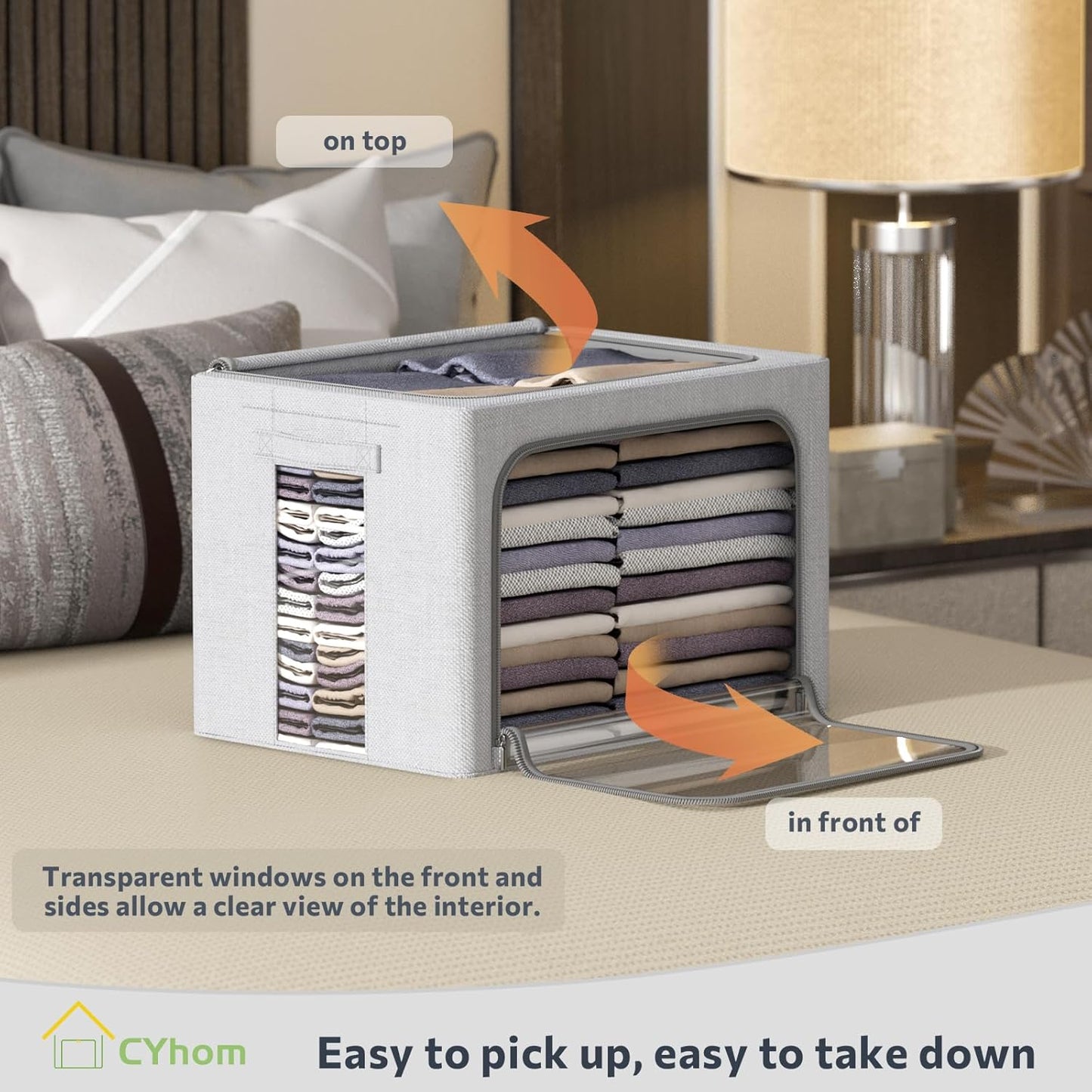 CYhom 3Pack Foldable Storage Bins - Frame Storage Box Linen Fabric Stackable Clothes Container Organizer with Clear Window & Carry Handles Large Capacity (Medium-36L, Light Grey)