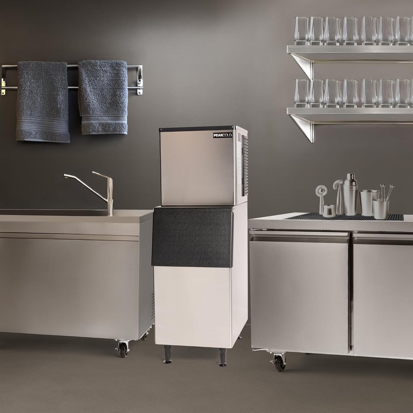 PeakCold Modular Commercial Ice Maker, 350 lbs/Day, 275lb Storage Bin, Floor Model Stainless Steel Half-Cube Ice Maker with Digital Controller